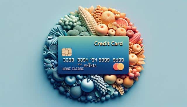 A credit card with a fruit and vegetable themed design surrounding it in a circular pattern.