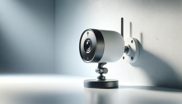 A white and black security camera mounted on a light wall.